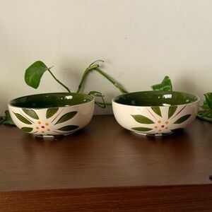 Hand-Painted Ceramic Serving Bowls - Olive Green and Cream Floral Set/2